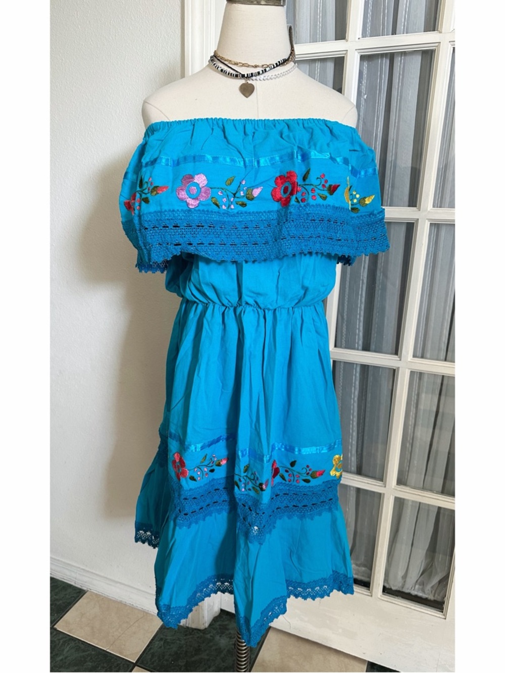 Mexican Boho Off The Shoulder Dress OS NEW - Picture 4 of 5